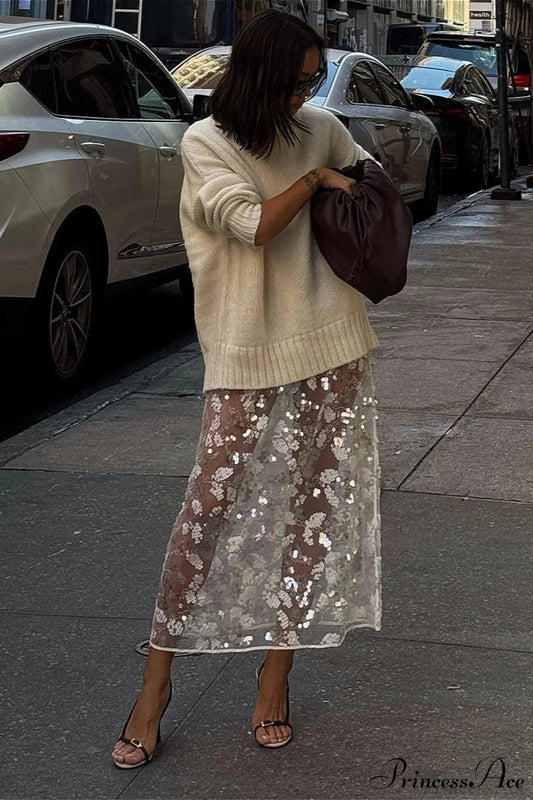 Split Sequin Lace Midi Skirt