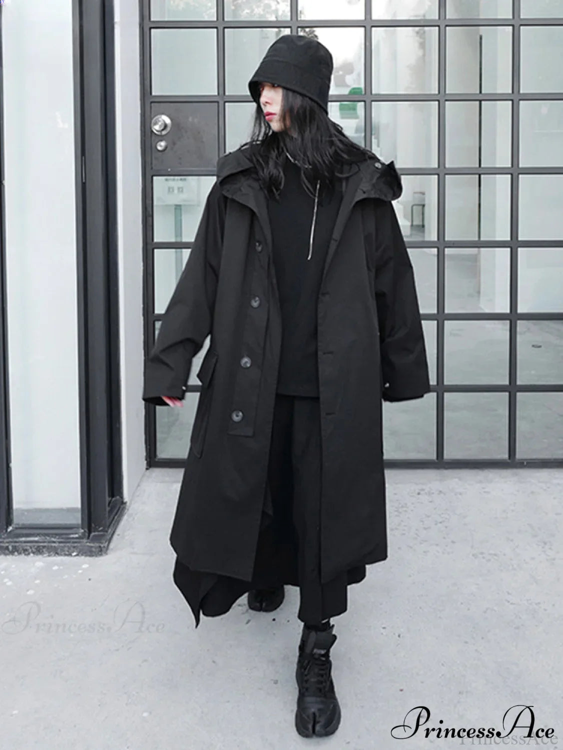 Spring Autumn Long Oversized Black Hood Dark Aesthetic Luxury Designer Stylish Coat