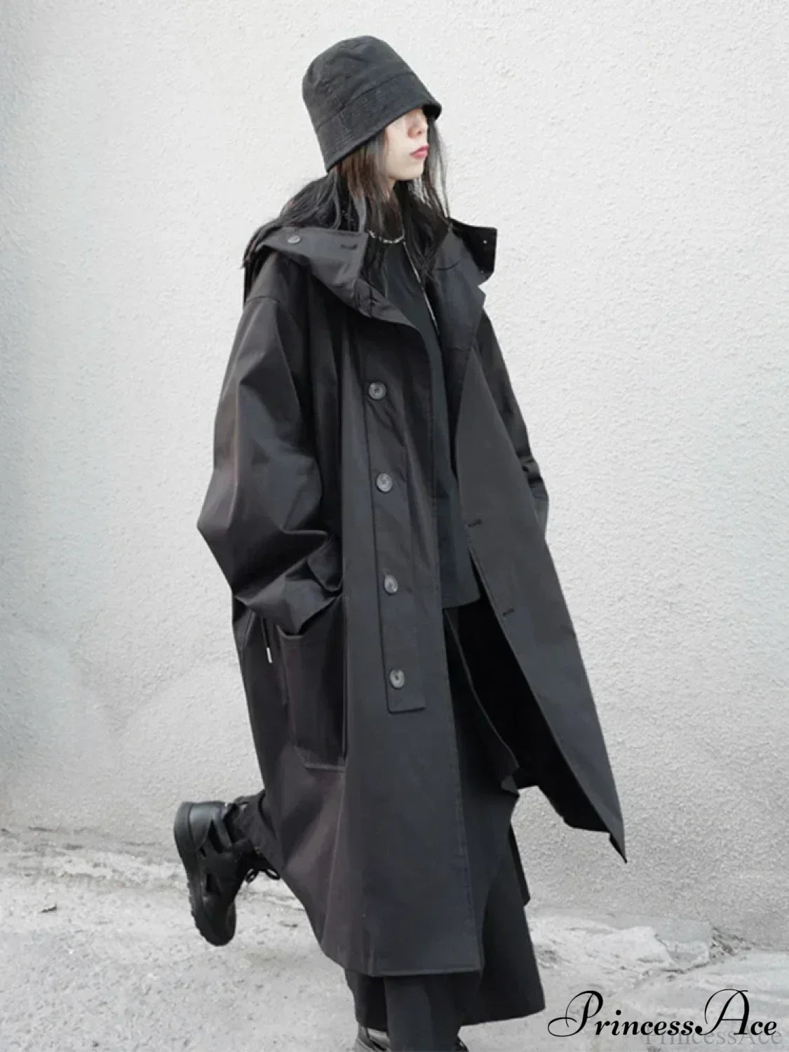 Spring Autumn Long Oversized Black Hood Dark Aesthetic Luxury Designer Stylish Coat Black / M