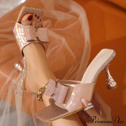 Square Toe Crystal Butterfly-knot Slippers Low Heels Summer Party Low Heel Pump