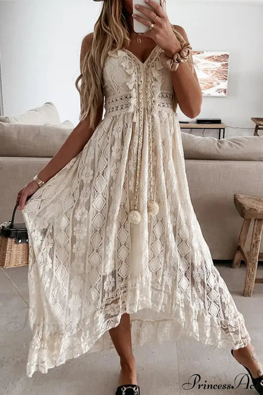 Strap Sleeveless Deep V-neck Tassel Lace Maxi White Boho Dress