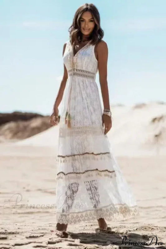 Strapless Lace Up Tassel Splicing Summer Maxi Boho Dress