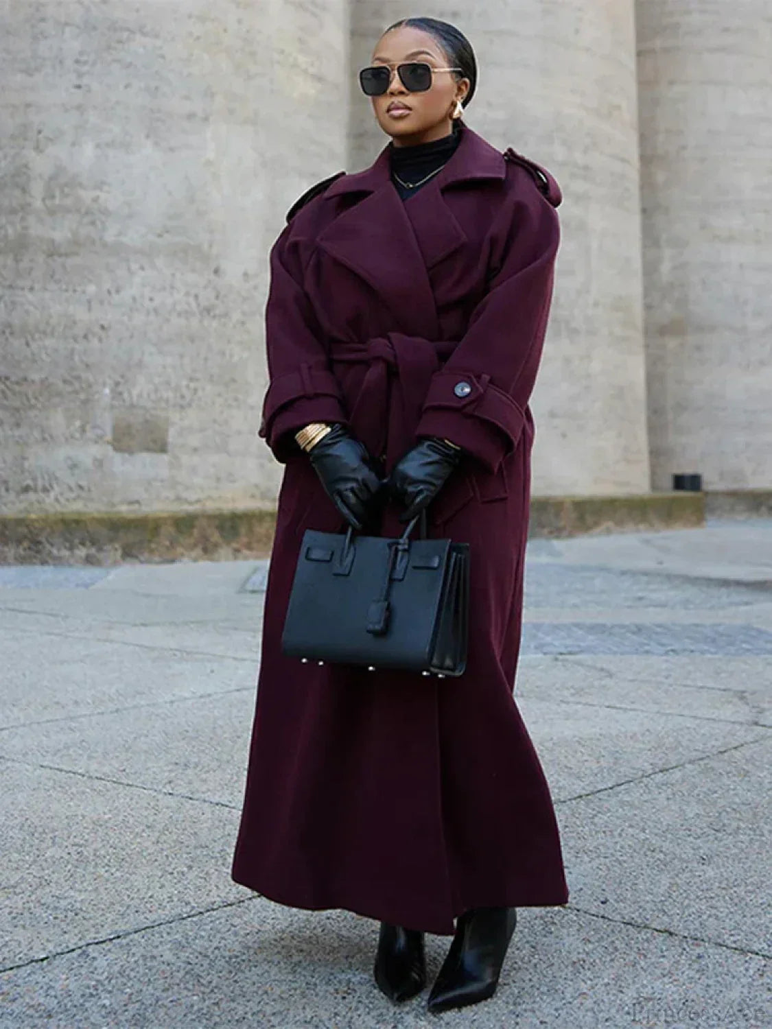 Street Burgundy Woolen Belted Overcoat