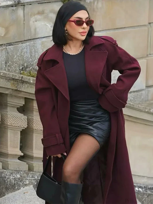 Street Burgundy Woolen Belted Overcoat