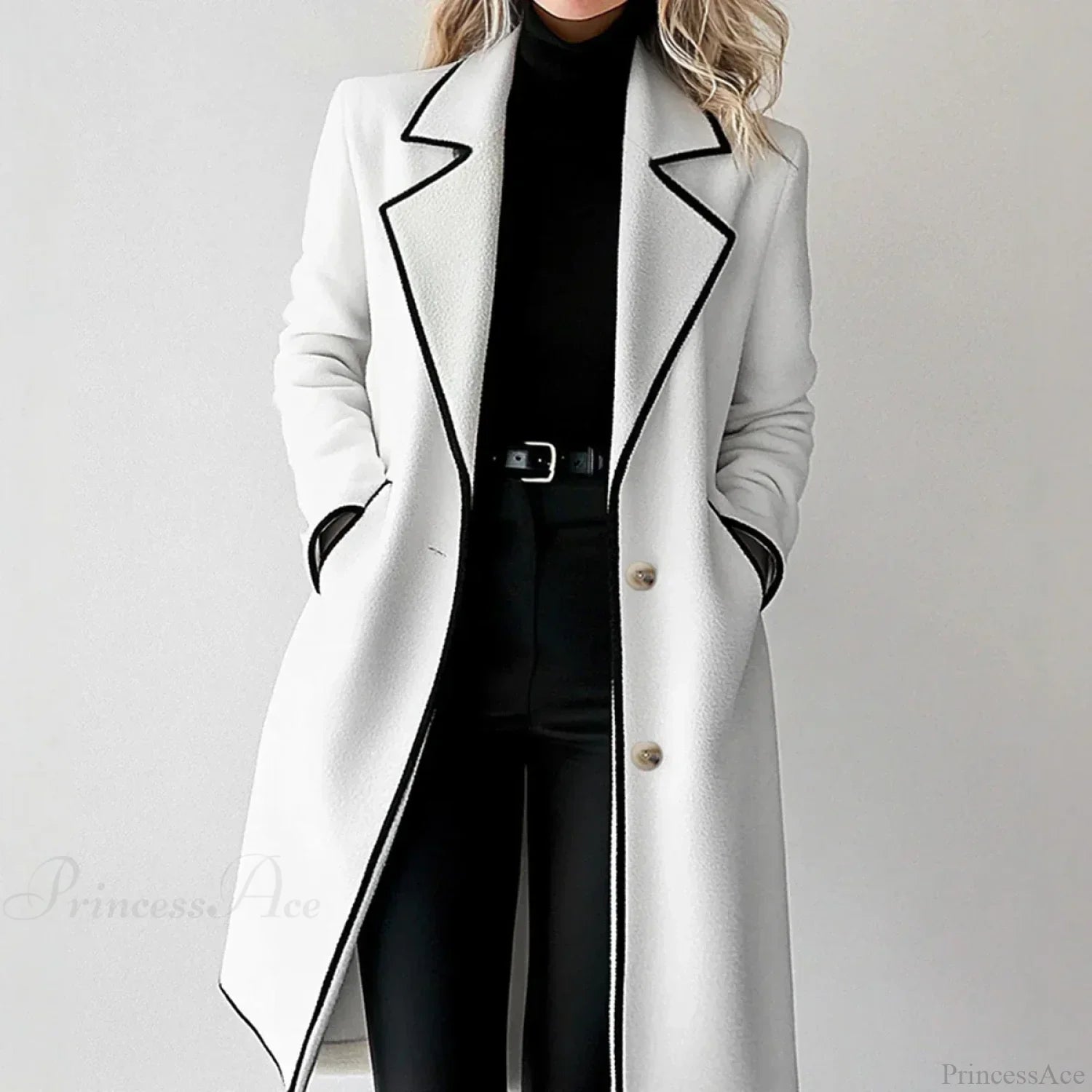 Striped Lapel Full Sleeve Woolen Overcoat White / S