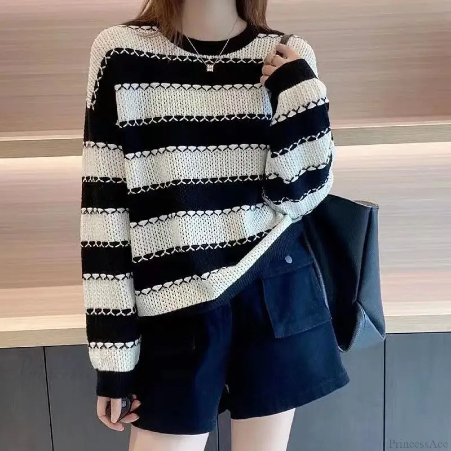 Striped Patchwork Round Neck Korean All - match Sweater