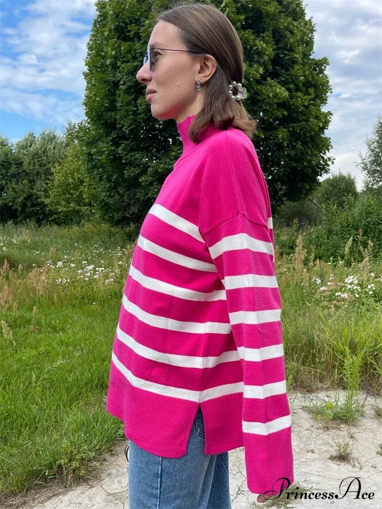 Striped Turtleneck Knitted Cozy Stylish Long Sleeve Comfortable Casual Warm Sweater Sweaters-L