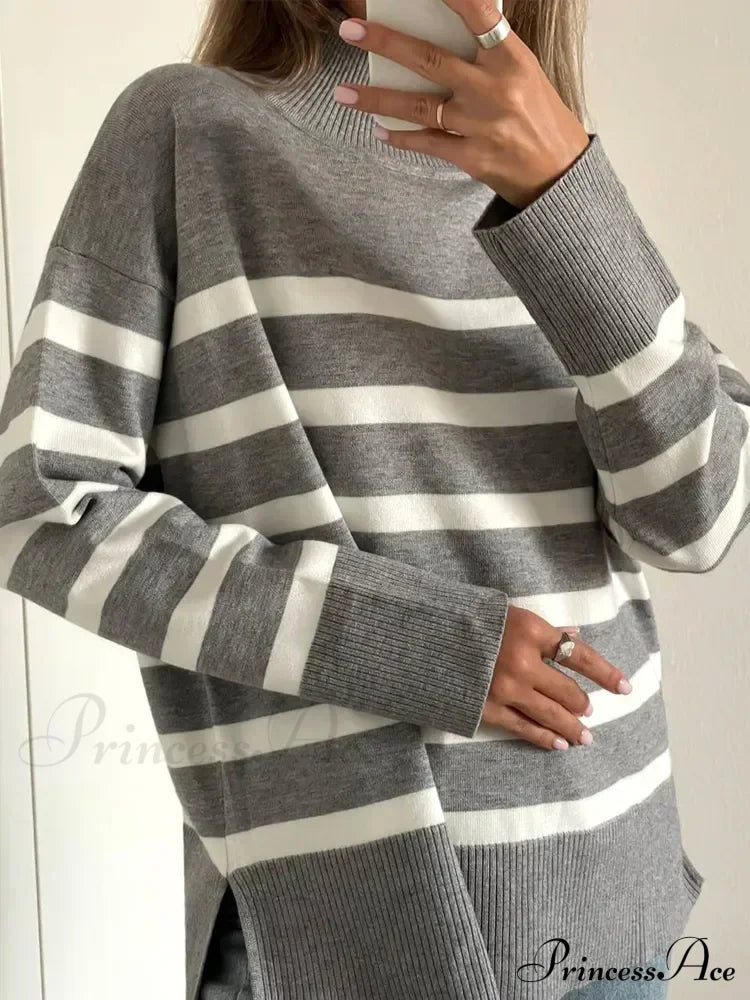 Striped Turtleneck Knitted Cozy Stylish Long Sleeve Comfortable Casual Warm Sweater Sweaters-L