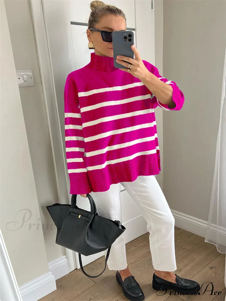 Striped Turtleneck Knitted Cozy Stylish Long Sleeve Comfortable Casual Warm Sweater Sweaters-L