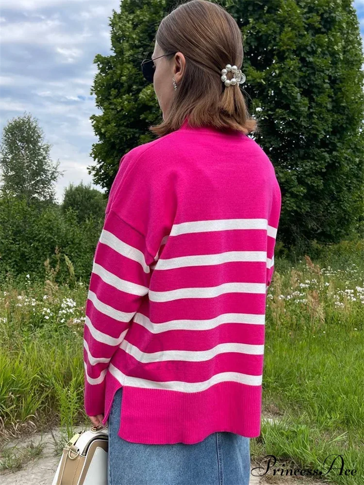 Striped Turtleneck Knitted Cozy Stylish Long Sleeve Comfortable Casual Warm Sweater Sweaters-L