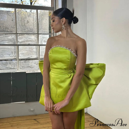 Stylish Green Pink Red Satin Mini Party Dresses Detachable Bow Christmas Party Dress