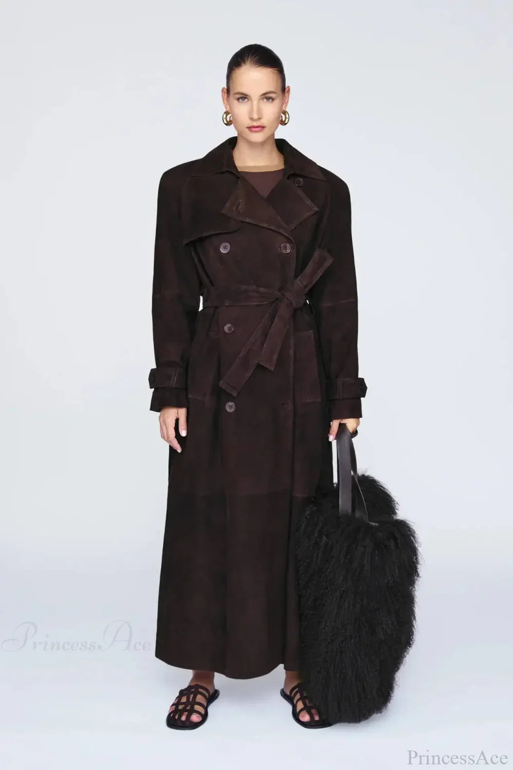 Suede Leather Chocolate Belted Overcoat Dark brown / S
