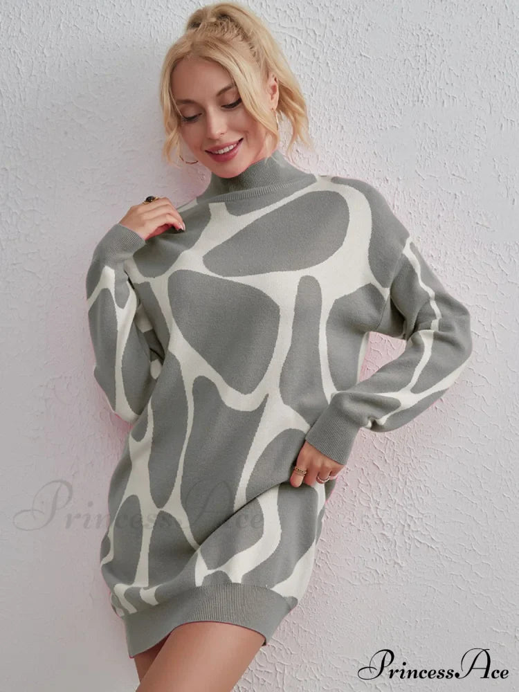 Contrast Mock Neck Sweater Dress Heather Gray One Size clothes H.Y@Maozhi Ship From Overseas Shipping Delay 10/01/2023 - 10/03/2023 shirt shirts sweater top tops trend