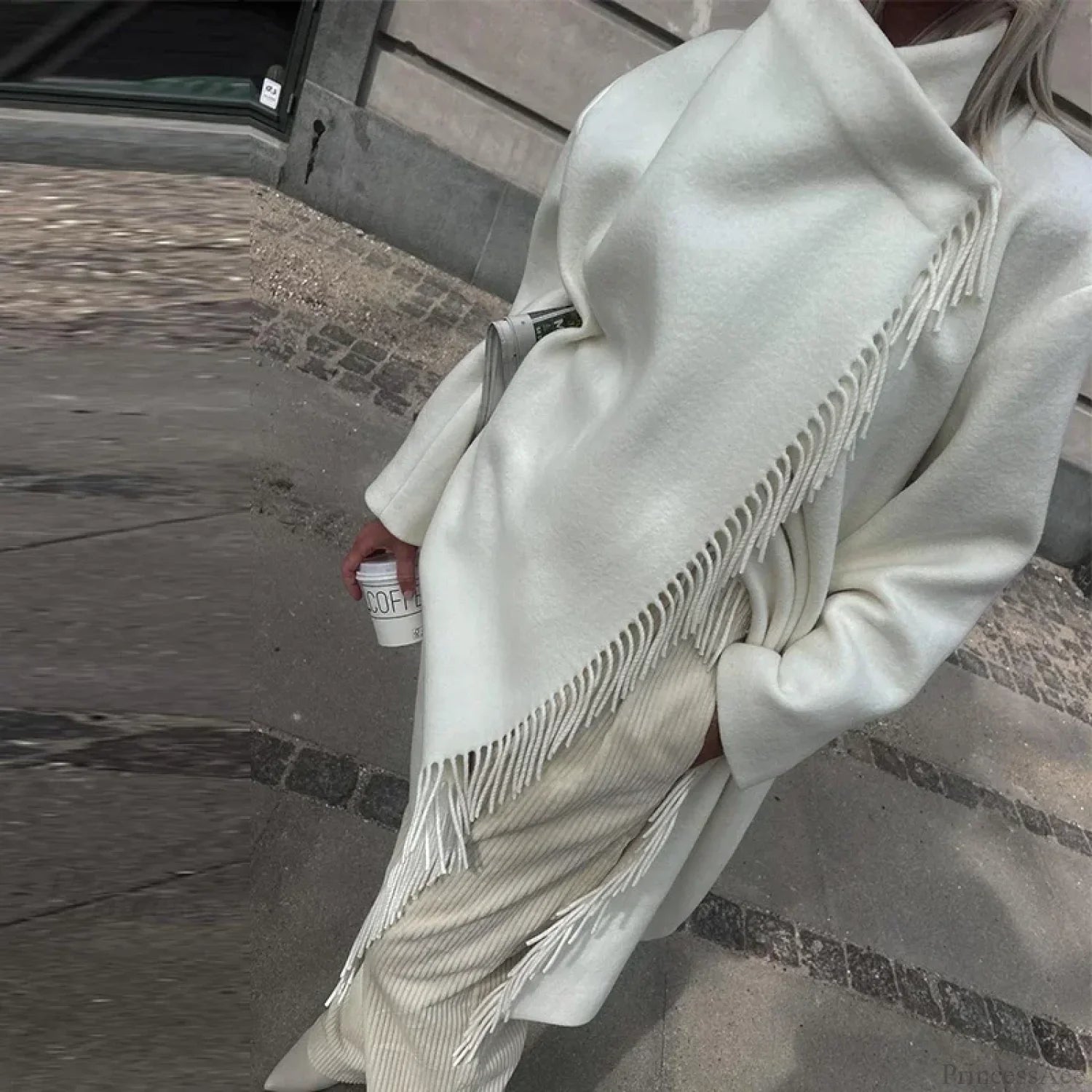 Tassel Turtleneck Irregular Button Overcoat White / S