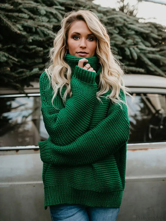 Thick Autumn Winter Green Knitted Oversized Turtleneck Christmas Sweater / S Sweaters-L