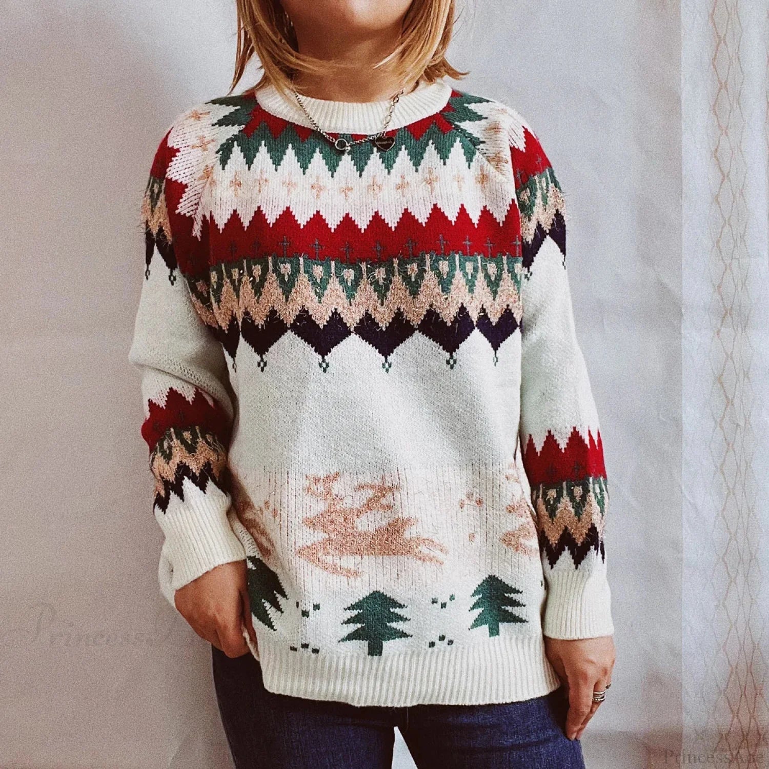 Thicken Raglan Sleeves Elk Christmas Tree Gold Pullover New Year Sweater Off-White / S Sweaters-L