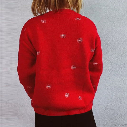 Thickened Color Blocked Hoodie Snowflake Loose Round Neck Christmas Sweater Red / S Sweaters-L