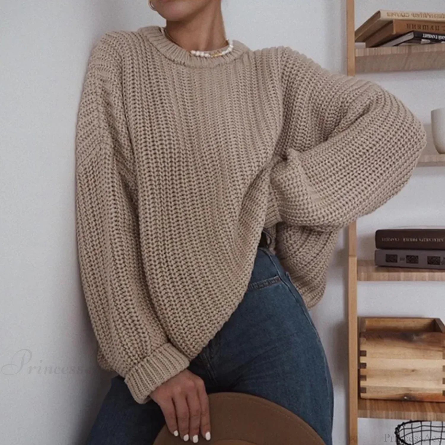 Three - Quarter Sleeve Elegant Khaki Sweater khaki / S