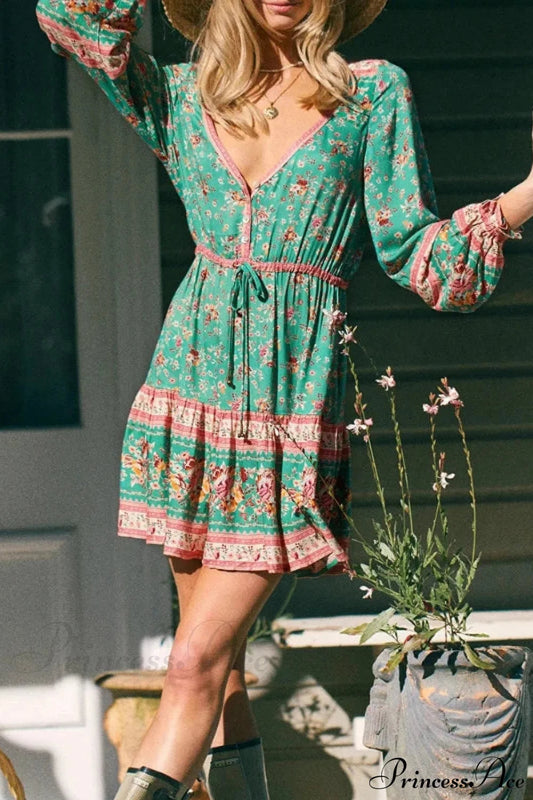 Tie Neck Floral Print Long Sleeve Ethnic Cotton Mini Boho Dress