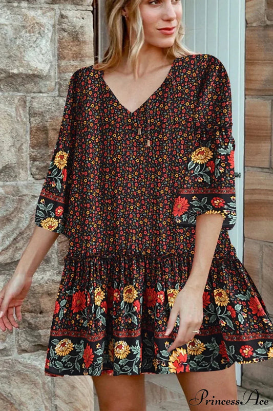 Tie Neck Ruffles Floral Print Rayon Summer Mini Vacation Boho Dress