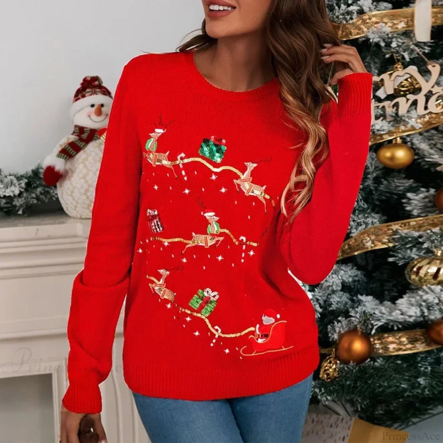 Trendy Funny Cute Cartoon Elk Bear Sequins Party Long Sleeve Christmas Sweater Red Carriage / S