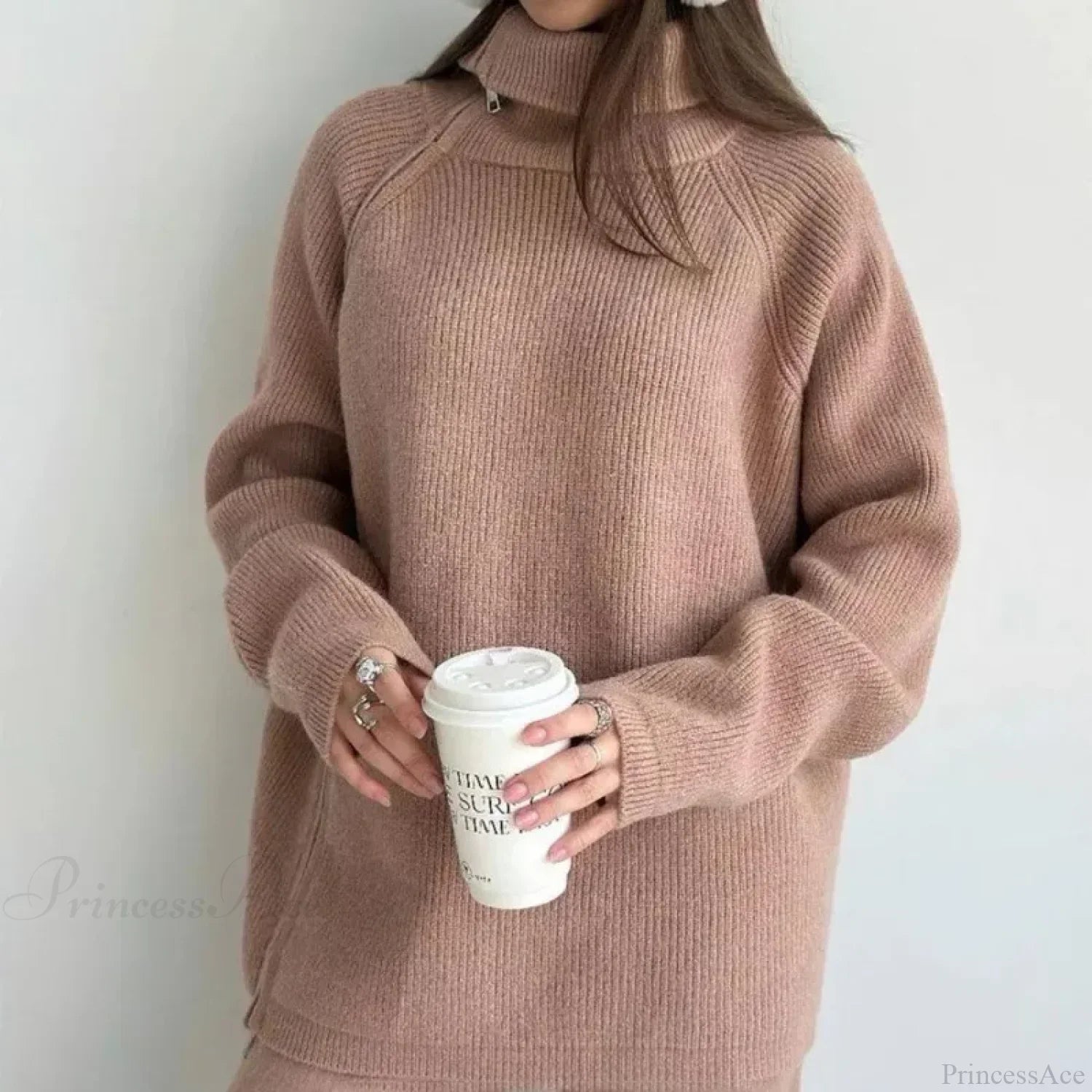 Turtle Collar Zip Sweater Khaki / One Size