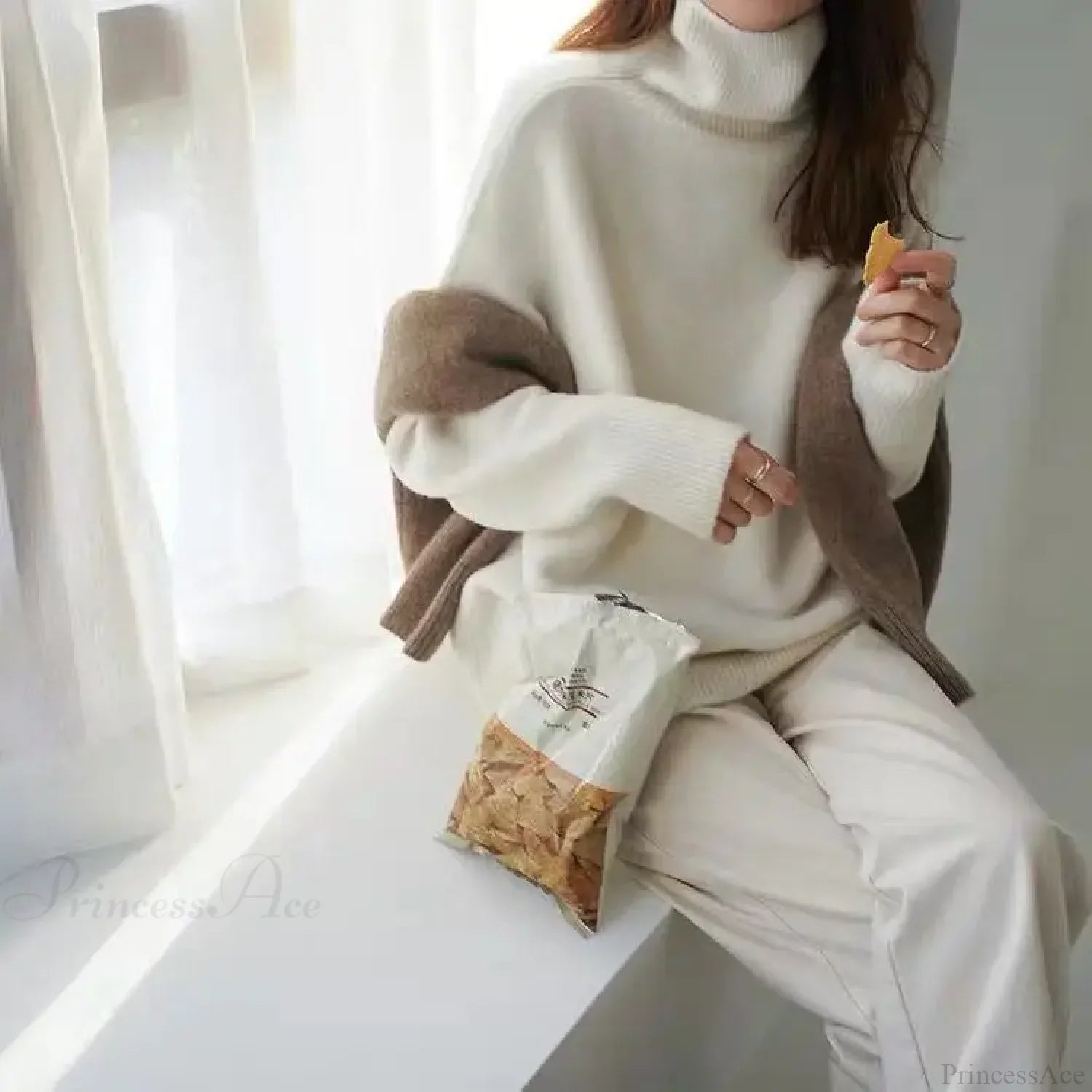 Turtleneck Cashmere Thickened Sweater White / S