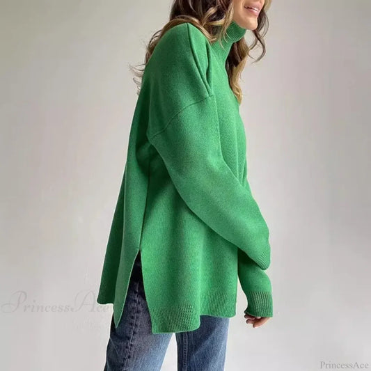 Turtleneck Casual Long-Sleeved Knitted Sweater Green / S