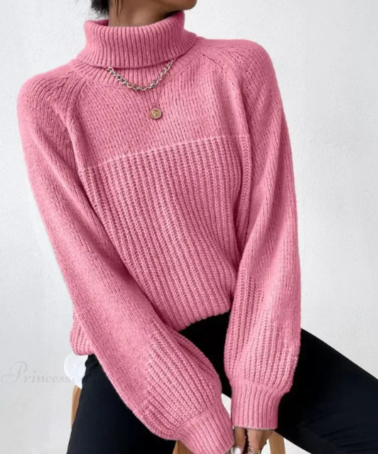 Turtleneck Cross Jacquard Sweater Pink / S