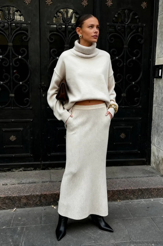 Turtleneck Knit Sweater Maxi Dress Two Piece Set