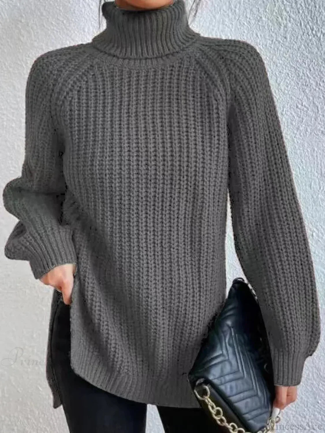Turtleneck Split Crochet Thick Sweater dark gery / S