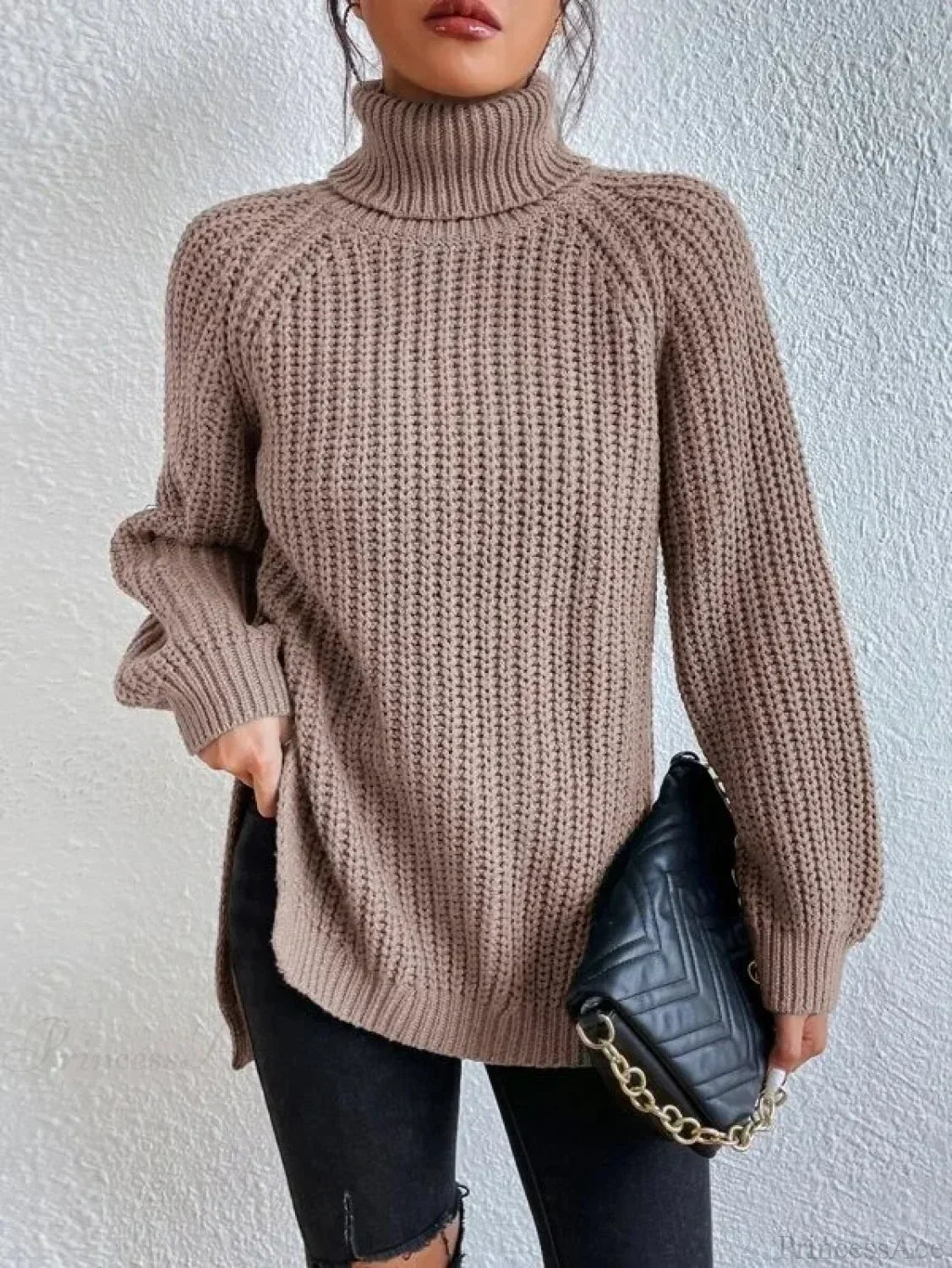Turtleneck Split Crochet Thick Sweater khaki / S