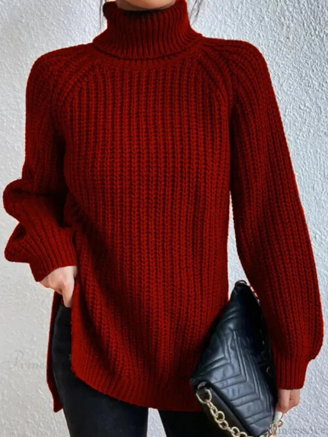 Turtleneck Split Crochet Thick Sweater Red / S