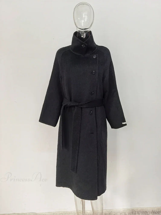 Turtleneck Wool Single-Breasted Overcoat Black / S