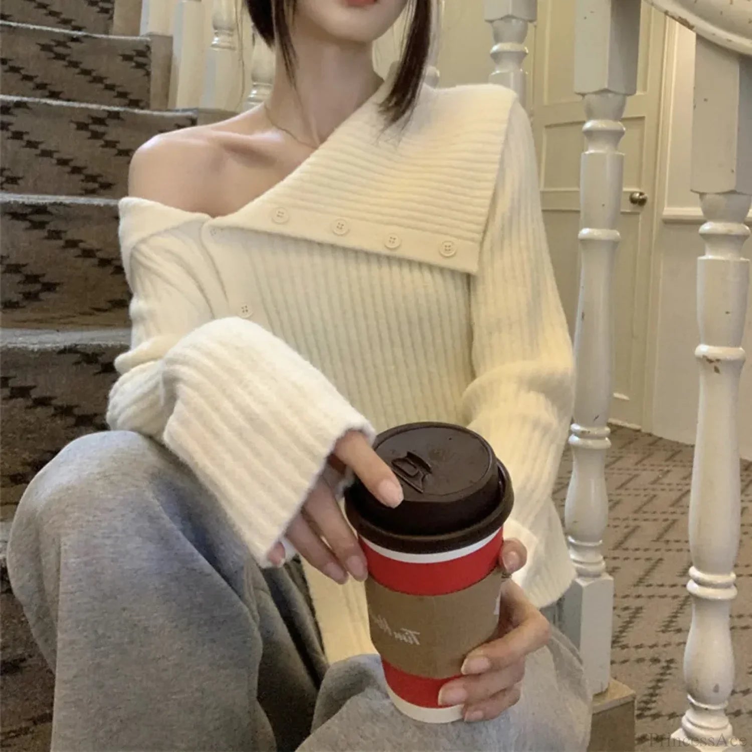 utton Off Shoulder Gray Sweater