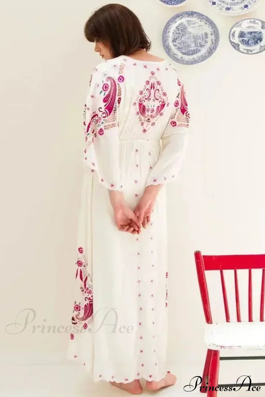 V Collar Embroidery Oversized Casual Cotton Boho Dress