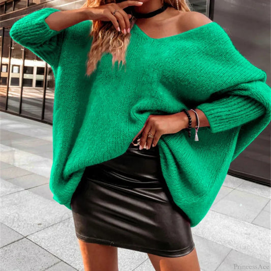 V - Neck Batwing Sleeve Y2k Sweater Green / S