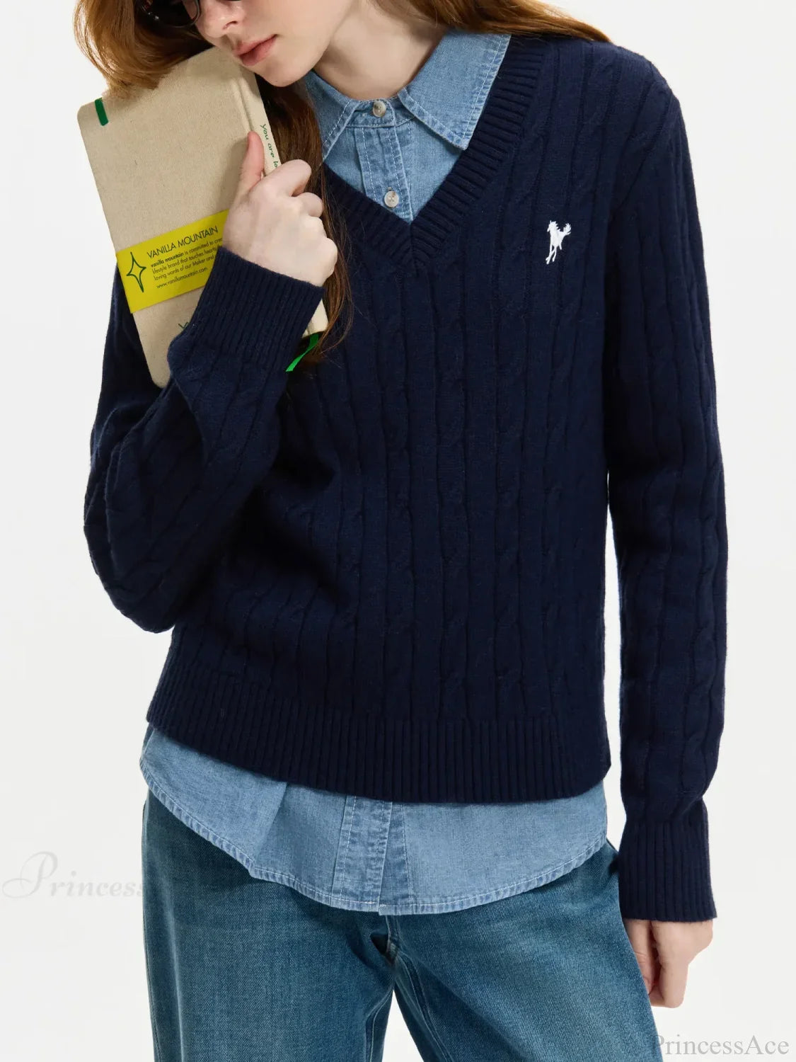 V-neck Embroidered Twisted Flower Sweater Blue / XS