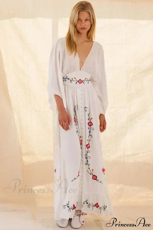 V-neck Embroidery Flower Retro National Boho Dress