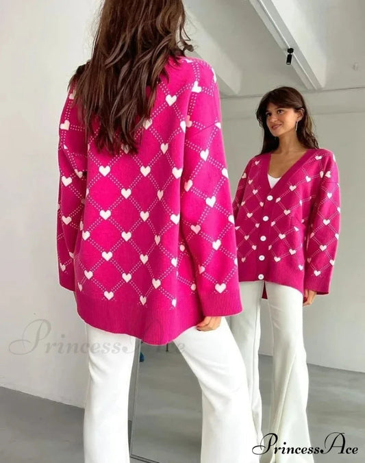 V-neck Heart Pattern Pocket Cardigan
