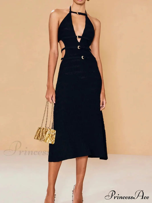 V-Neck Hollow Out Halter Party Dress