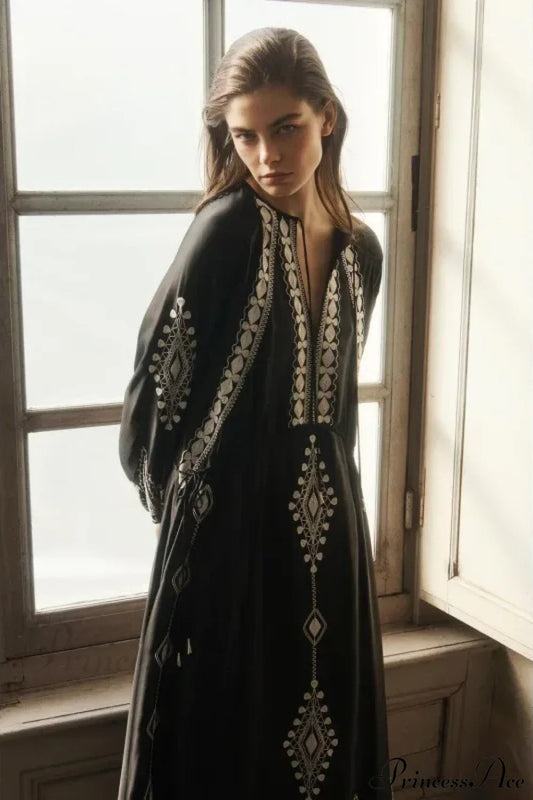 V-neck Lantern Sleeve Free Style Cotton Boho Dress