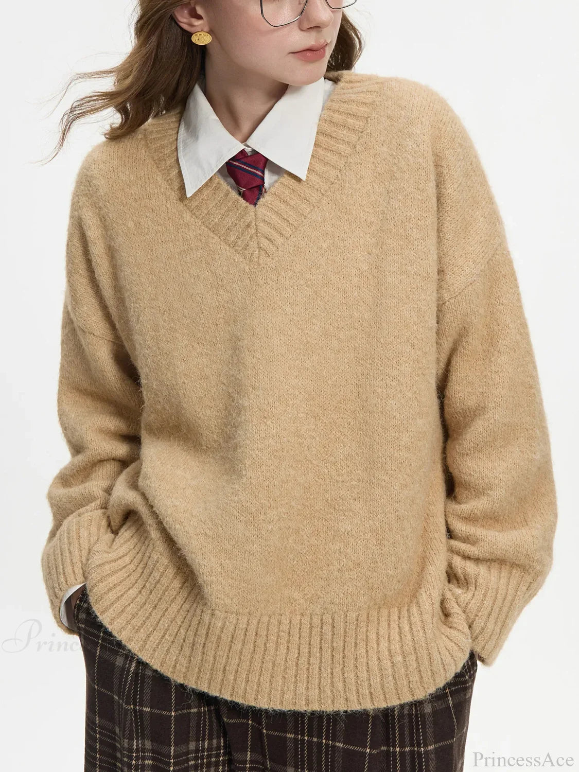 V-Neck Pullover Wool Warm Sweater Khaki / XS