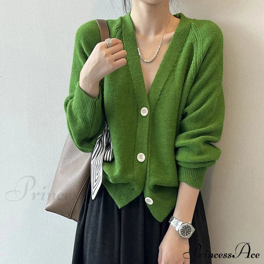 V-Neck Single Button Knitted Green Cape Clothes Autumn Women Christmas Sweater