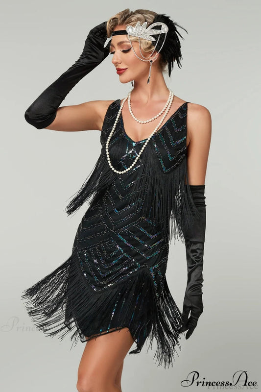 V-Neck Tassel Sequin Party Dress