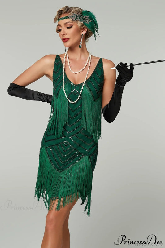 V-Neck Tassel Sequin Party Dress