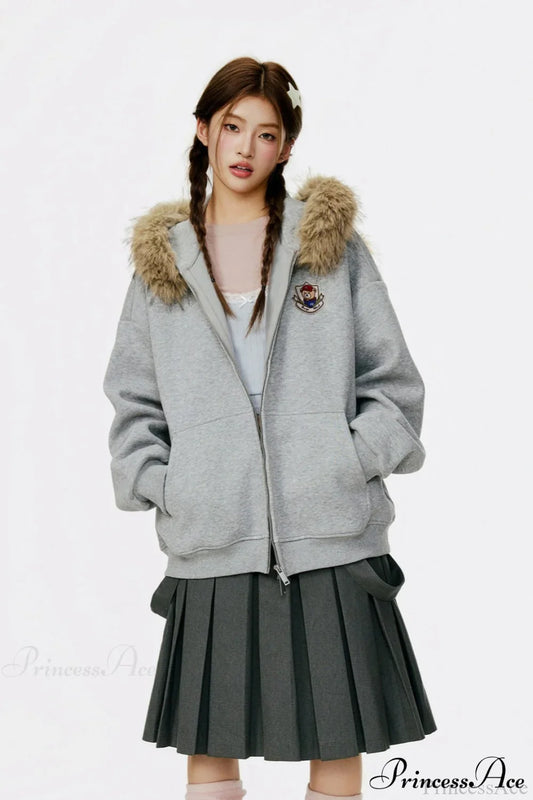 Vintage Bear Ear Fleece Collar Zip Hoodie