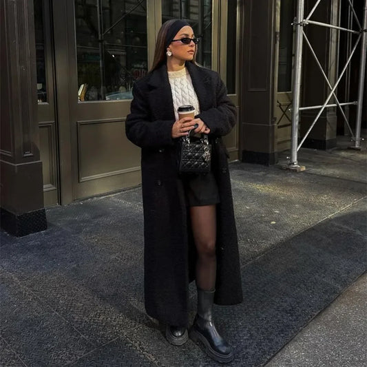 Vintage Black Woolen Double-Breasted Overcoat Black / S