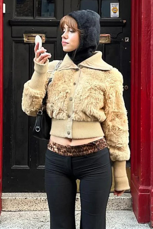 Vintage Cropped Fuzzy Wide Lapel Single Breasted Waist-Cinched Coat