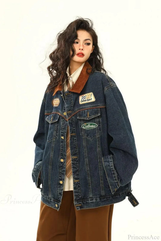 Vintage Embroidered Denim Loose Lapel Utility Jacket